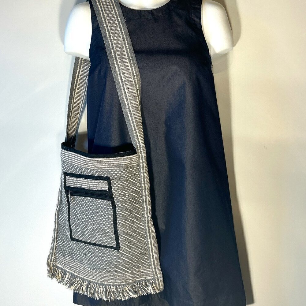 Tote Woven Blanket Bag Gray & Navy laptop office Boho Ranch Coastal Travel